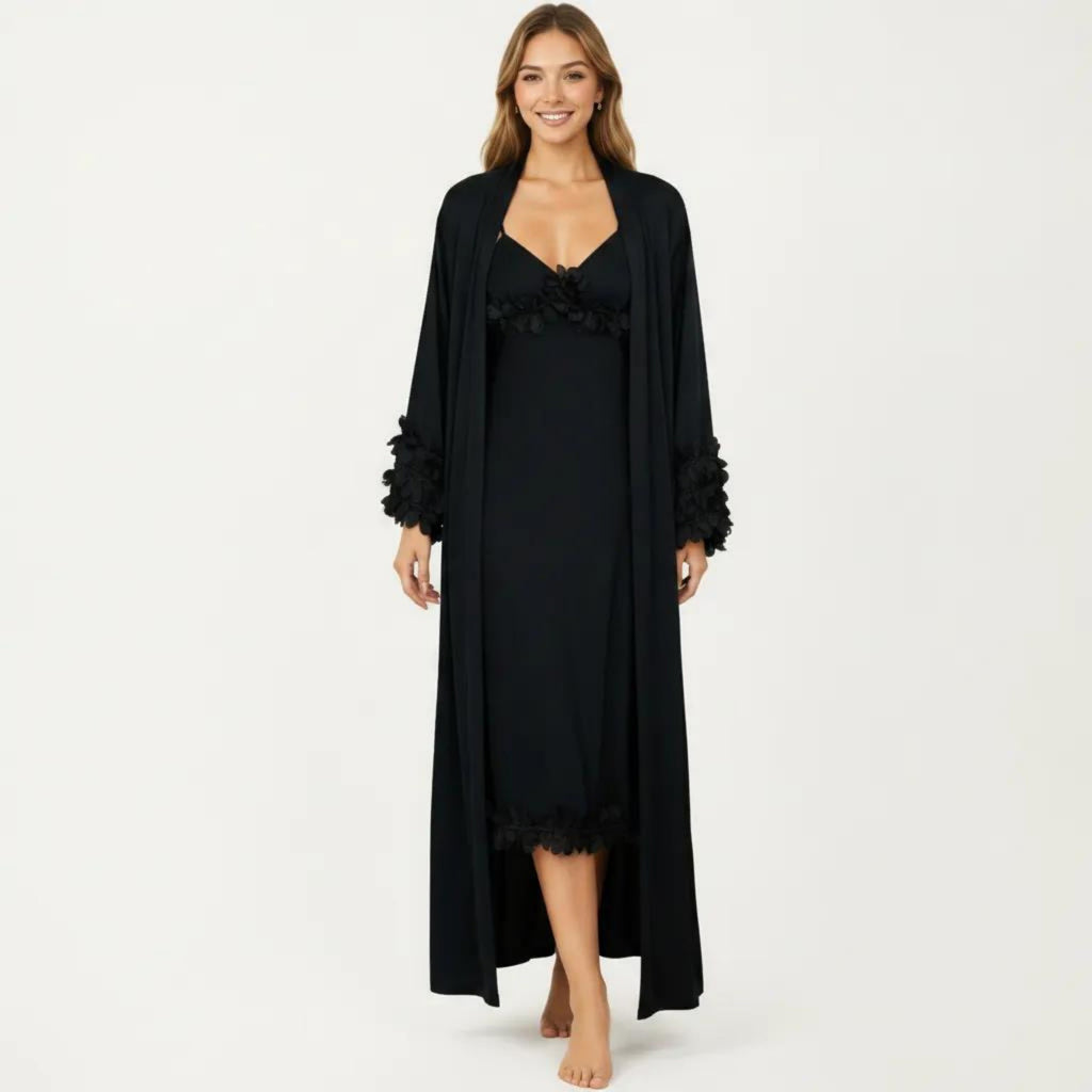 Anna-Kaci Women's 2-Piece Set Smooth Sleepwear Slip Dress with Long Sleeve Open Front Robe Floral Trim