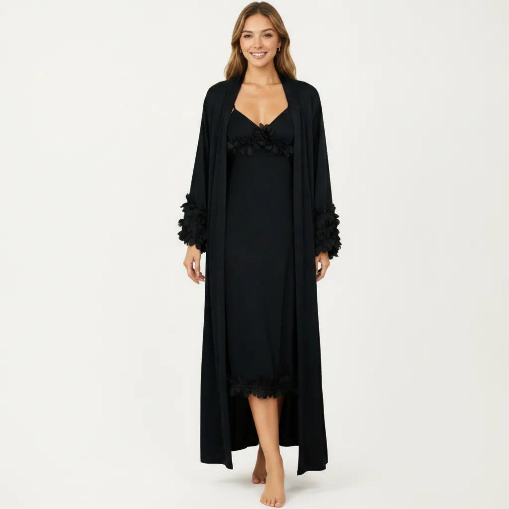 Anna-Kaci Women's 2-Piece Set Smooth Sleepwear Slip Dress with Long Sleeve Open Front Robe Floral Trim