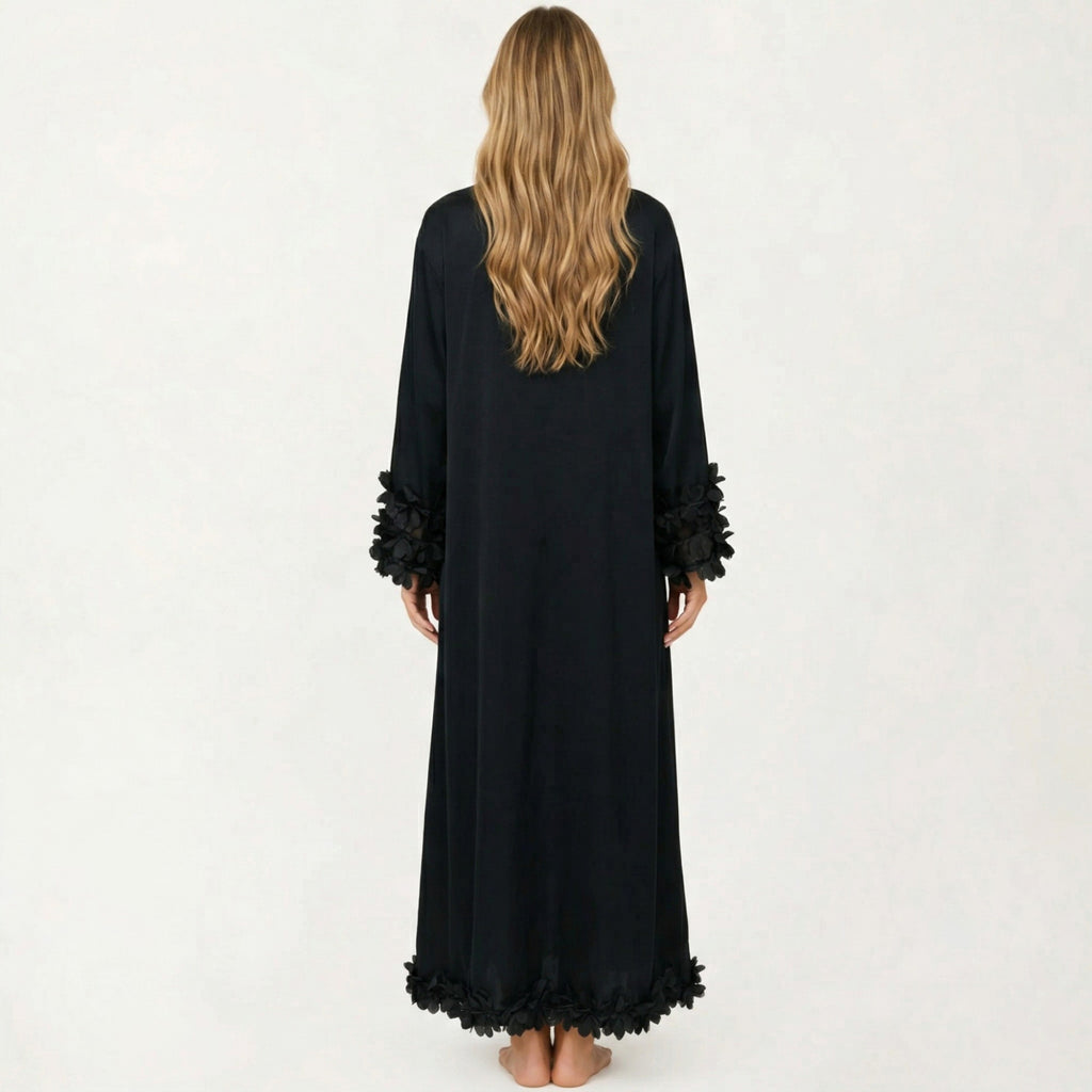Anna-Kaci Women's 2-Piece Set Smooth Sleepwear Slip Dress with Long Sleeve Open Front Robe Floral Trim