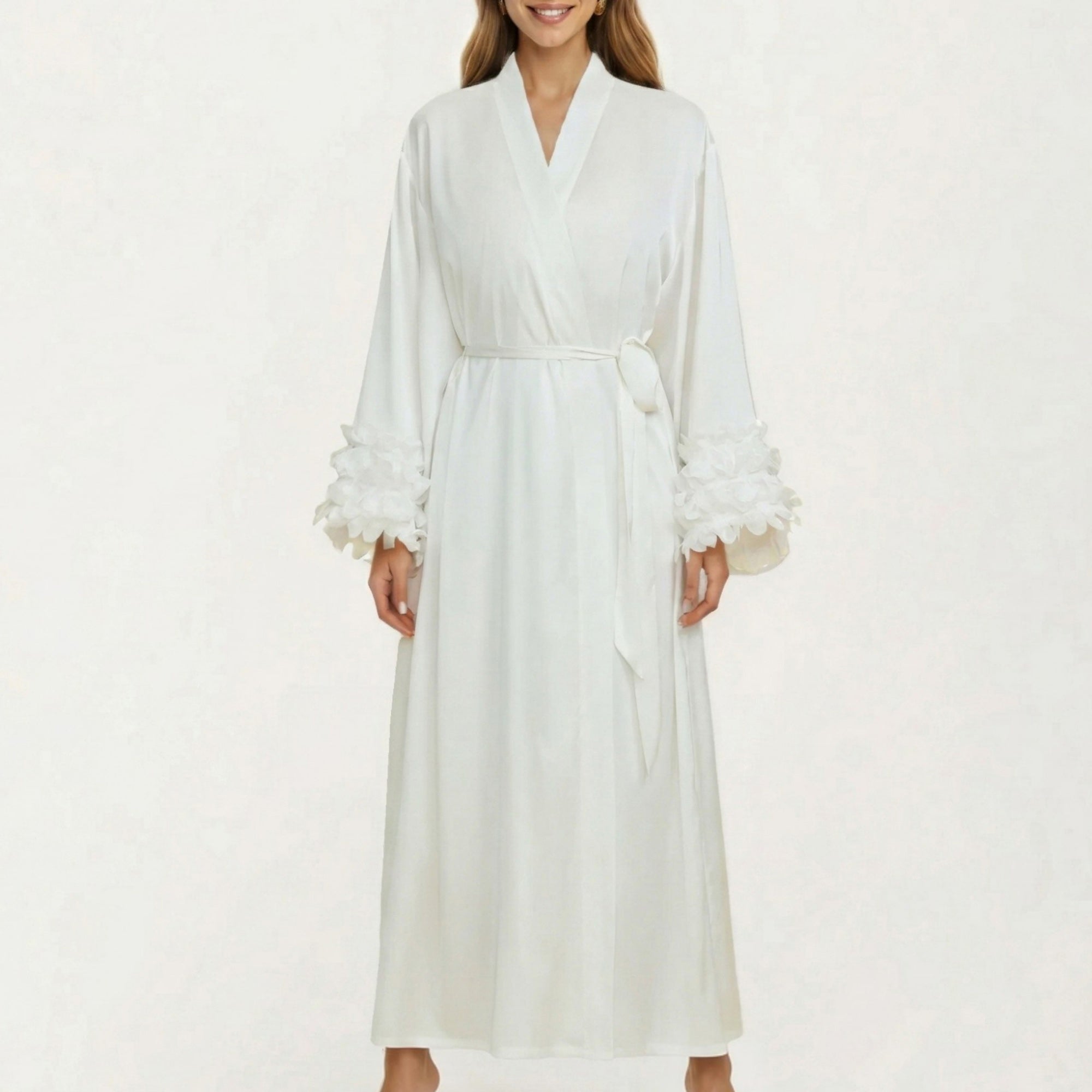 Anna-Kaci Women's 2-Piece Set Smooth Sleepwear Slip Dress with Long Sleeve Open Front Robe Floral Trim