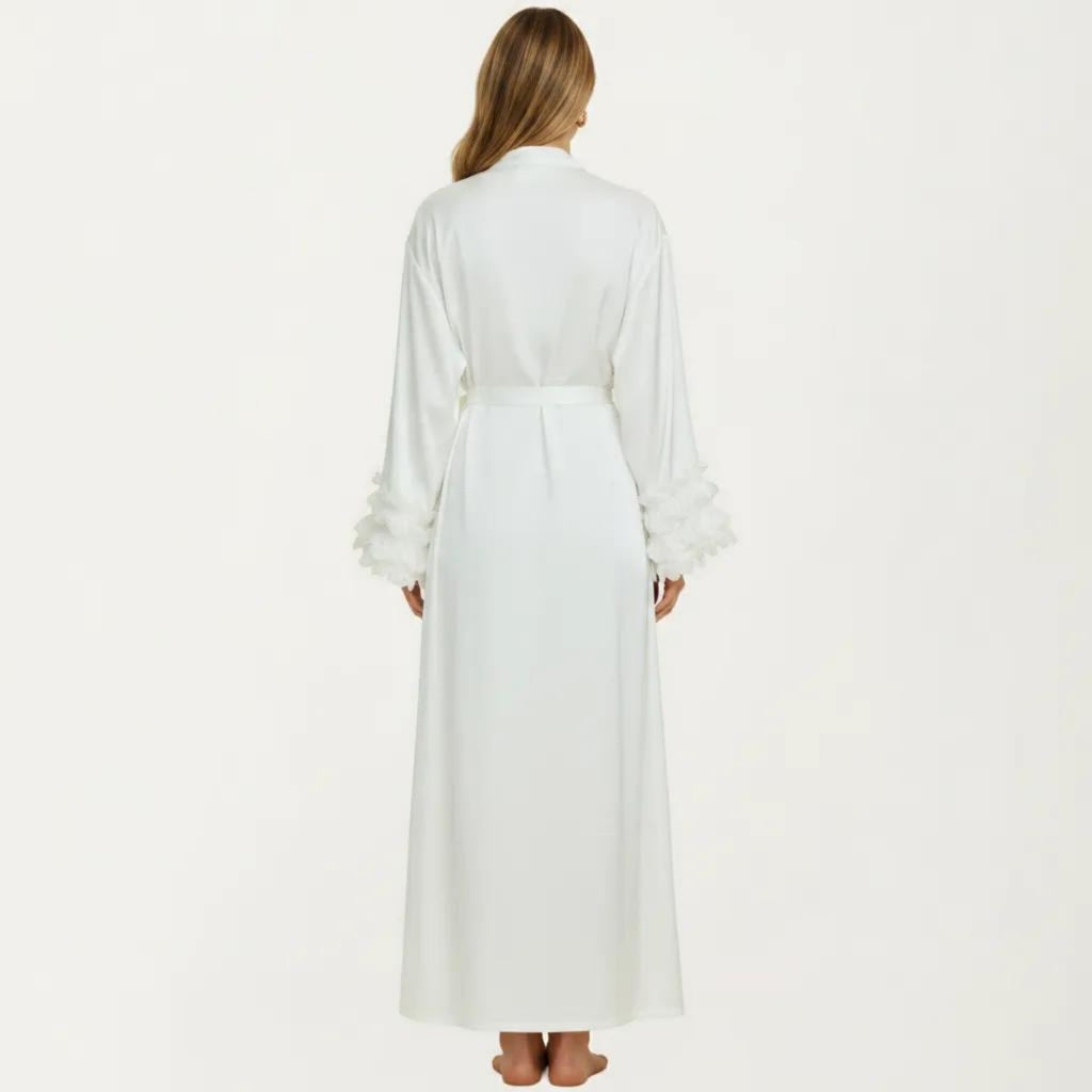 Anna-Kaci Women's 2-Piece Set Smooth Sleepwear Slip Dress with Long Sleeve Open Front Robe Floral Trim