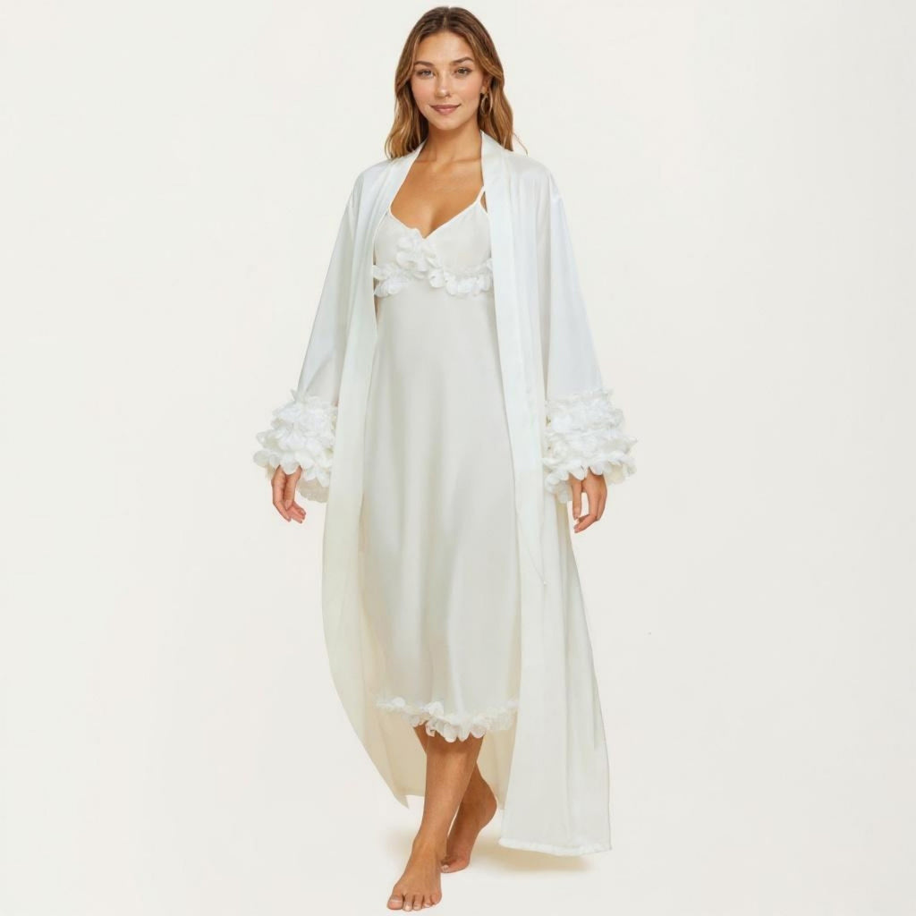 Anna-Kaci Women's 2-Piece Set Smooth Sleepwear Slip Dress with Long Sleeve Open Front Robe Floral Trim