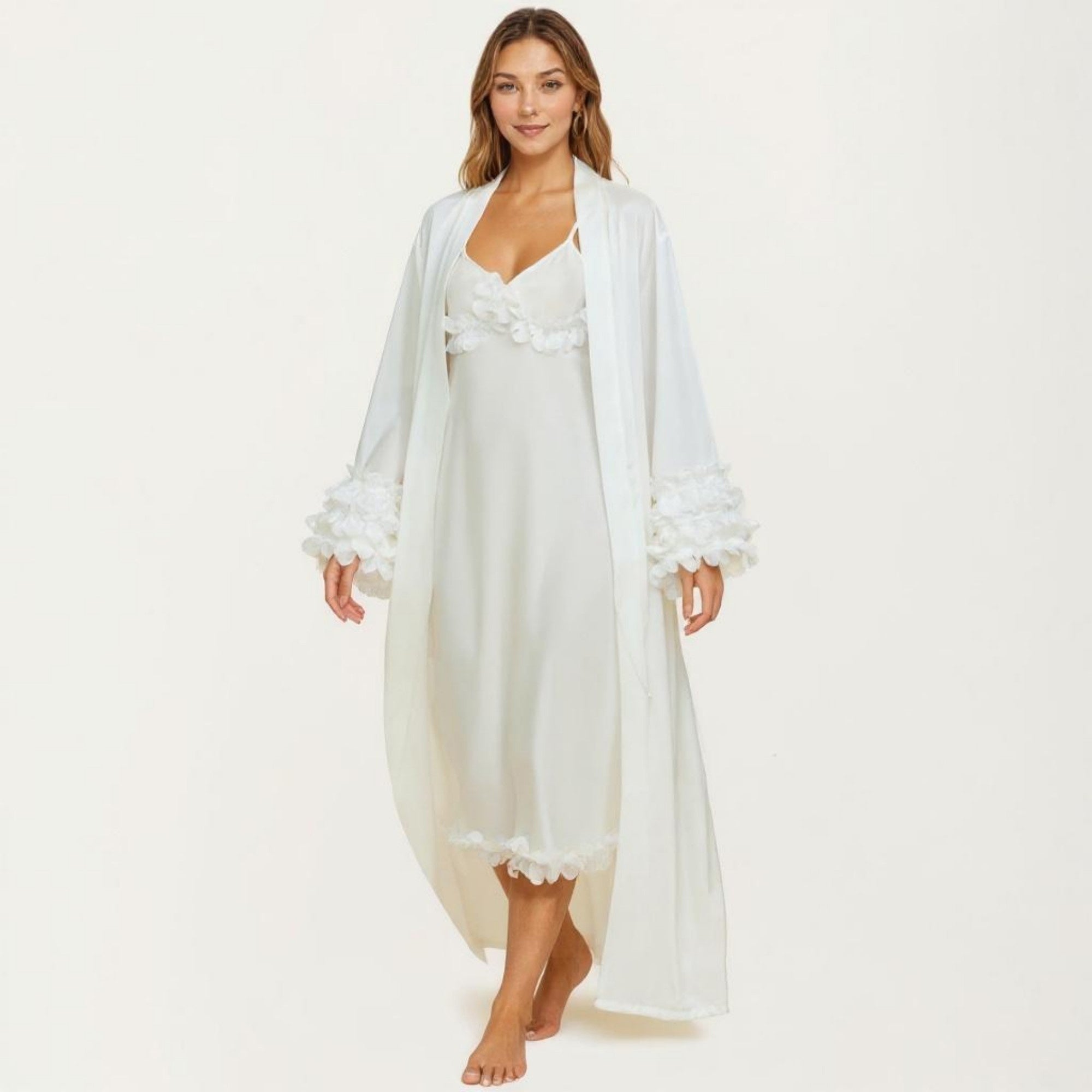 Anna-Kaci Women's 2-Piece Set Smooth Sleepwear Slip Dress with Long Sleeve Open Front Robe Floral Trim