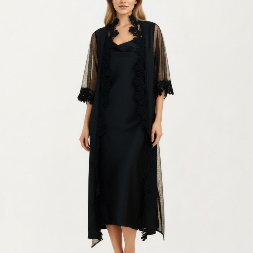 Anna-Kaci Women's 2-Piece Set Smooth Sleepwear Slip Dress with Sheer Lace Trim Robe Lightweight Nightgown Set