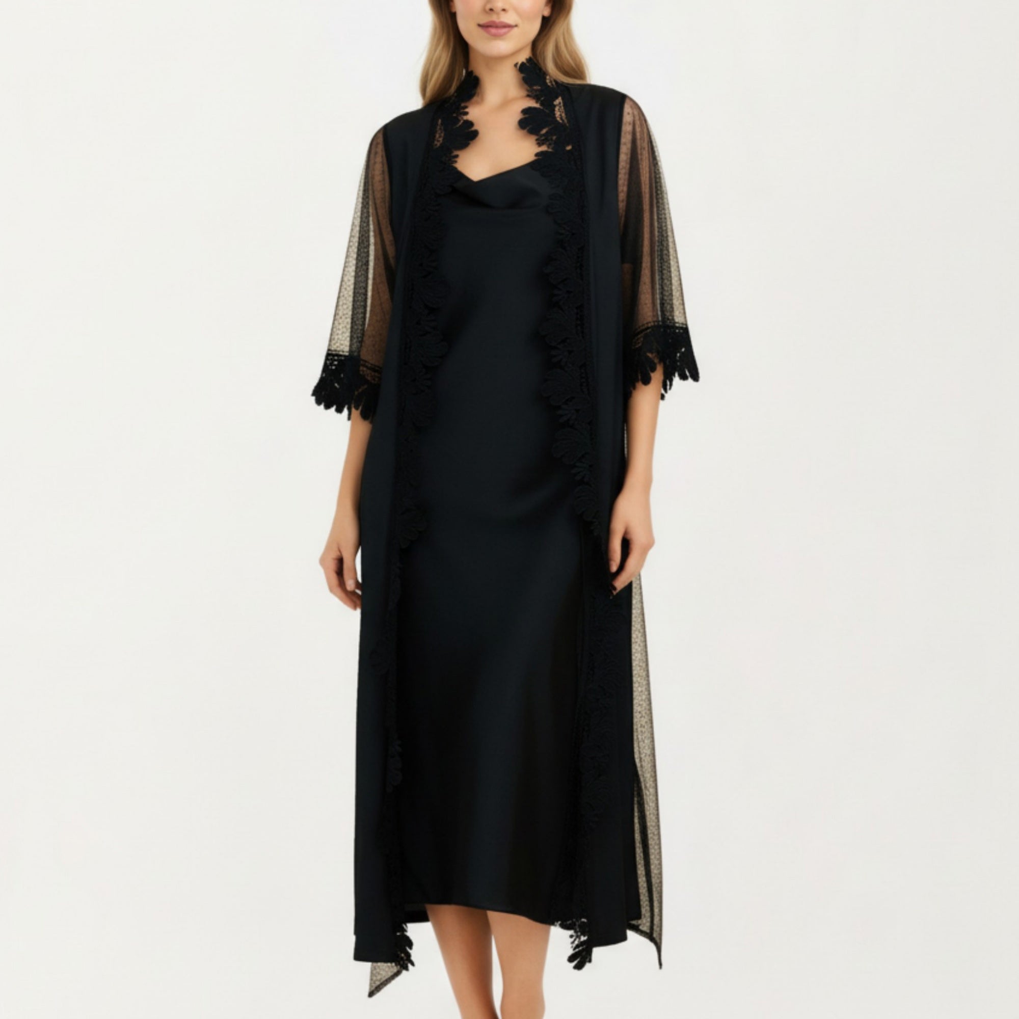 Anna-Kaci Women's 2-Piece Set Smooth Sleepwear Slip Dress with Sheer Lace Trim Robe Lightweight Nightgown Set
