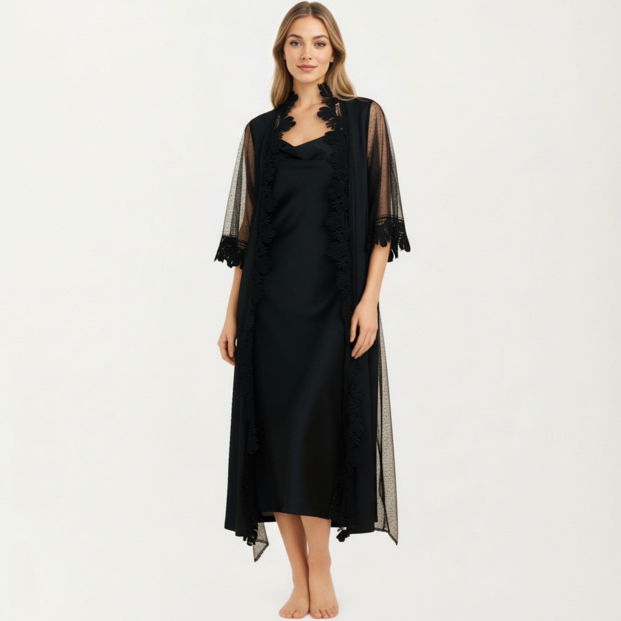 Anna-Kaci Women's 2-Piece Set Smooth Sleepwear Slip Dress with Sheer Lace Trim Robe Lightweight Nightgown Set