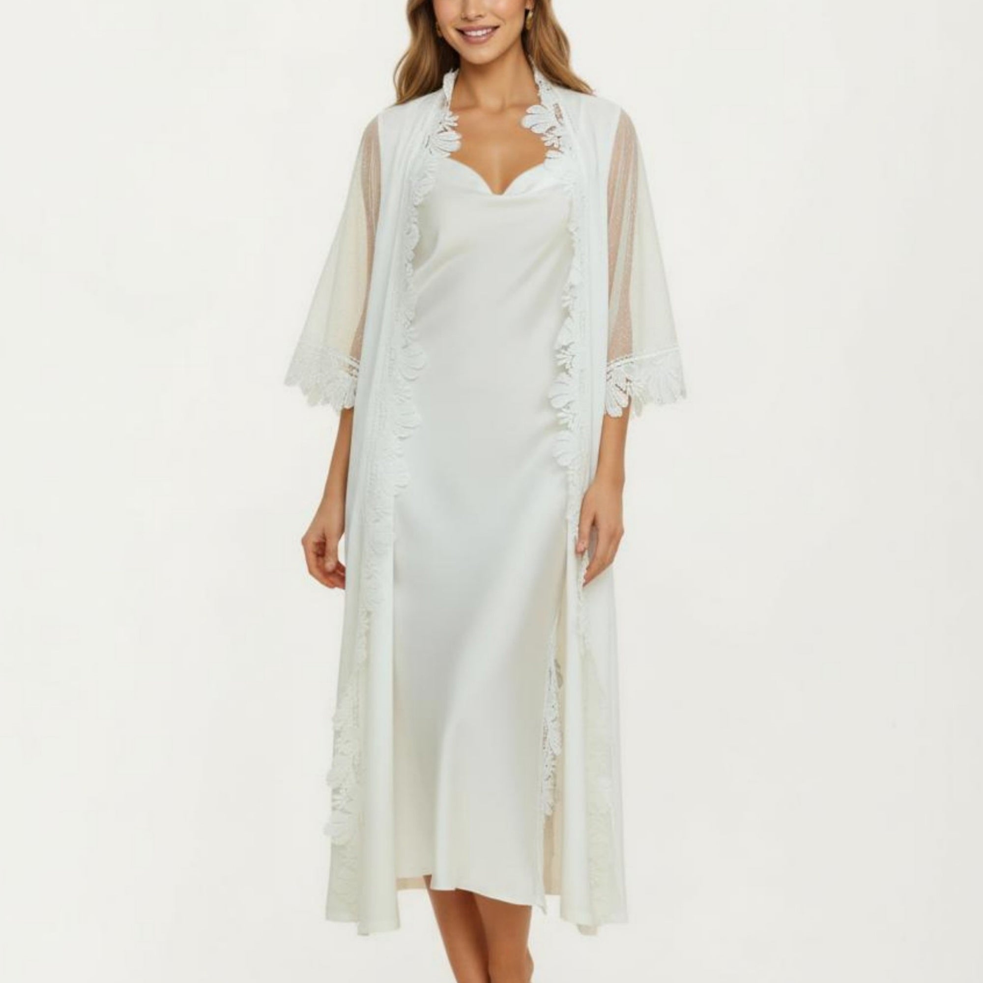 Anna-Kaci Women's 2-Piece Set Smooth Sleepwear Slip Dress with Sheer Lace Trim Robe Lightweight Nightgown Set