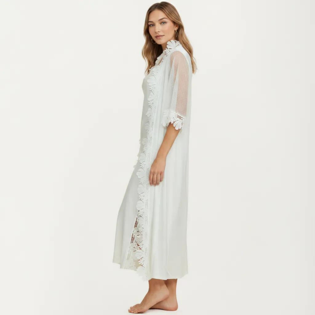 Anna-Kaci Women's 2-Piece Set Smooth Sleepwear Slip Dress with Sheer Lace Trim Robe Lightweight Nightgown Set