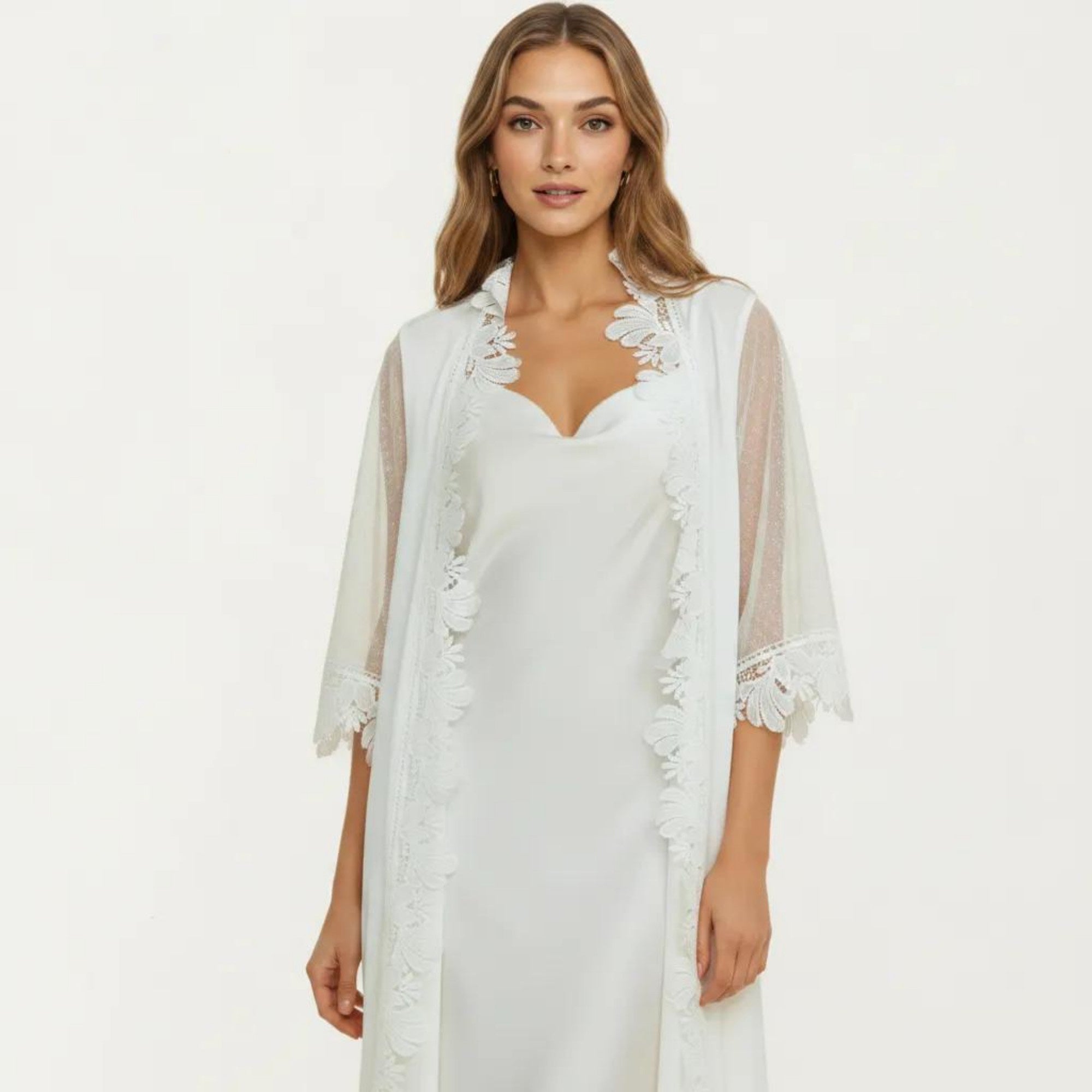 Anna-Kaci Women's 2-Piece Set Smooth Sleepwear Slip Dress with Sheer Lace Trim Robe Lightweight Nightgown Set