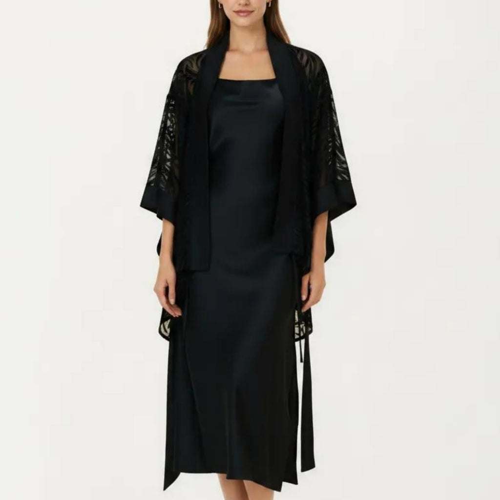 Anna-Kaci Women's 2-Piece Set Smooth Sleepwear Slip Dress with Sheer Lace Robe Lightweight Long Nightgown Set