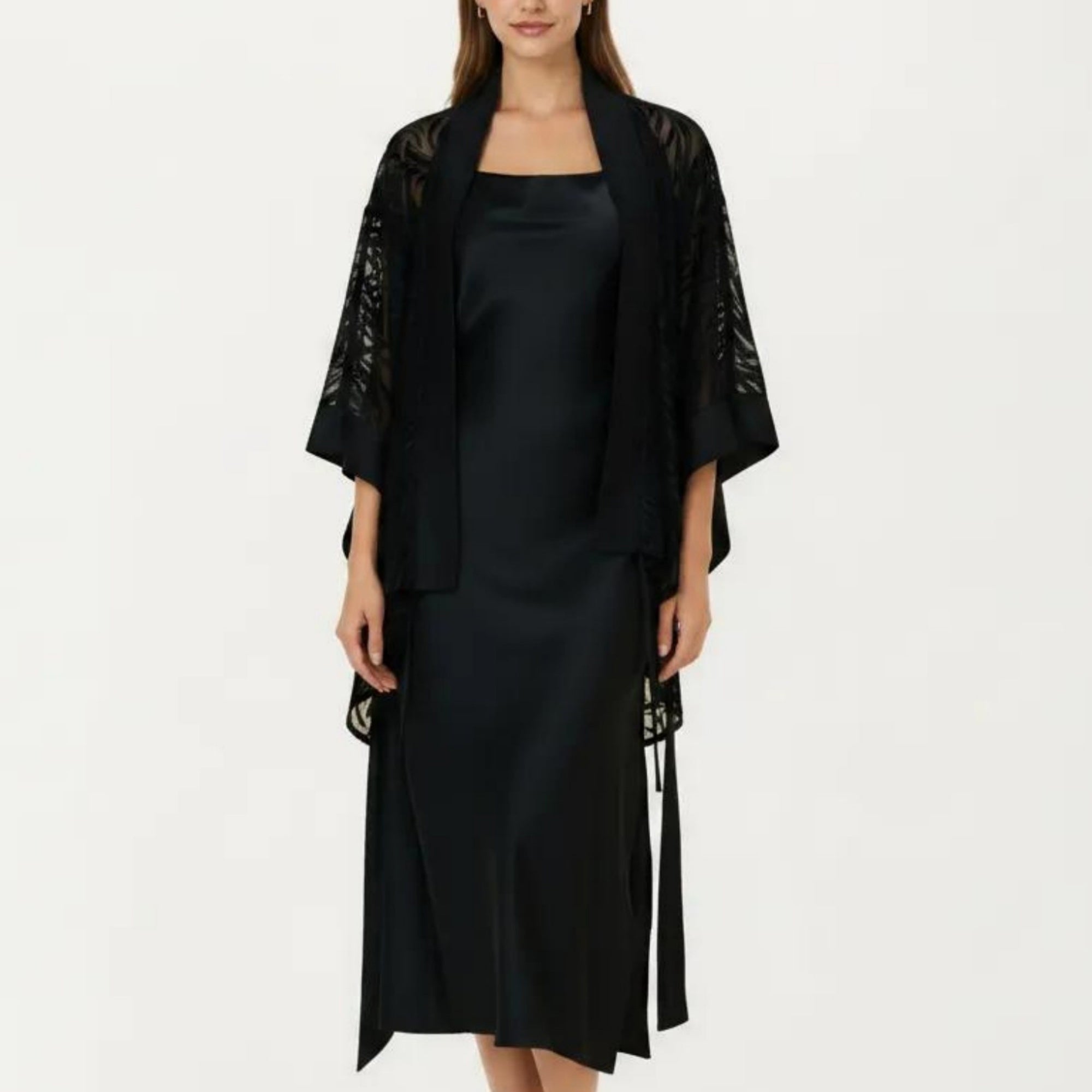 Anna-Kaci Women's 2-Piece Set Smooth Sleepwear Slip Dress with Sheer Lace Robe Lightweight Long Nightgown Set