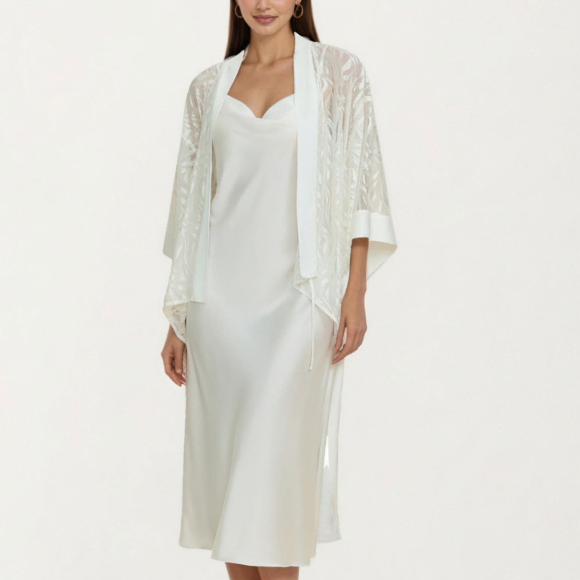 Anna-Kaci Women's 2-Piece Set Smooth Sleepwear Slip Dress with Sheer Lace Robe Lightweight Long Nightgown Set