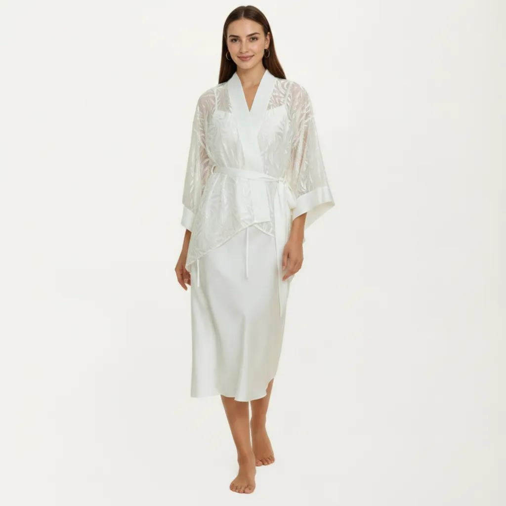 Anna-Kaci Women's 2-Piece Set Smooth Sleepwear Slip Dress with Sheer Lace Robe Lightweight Long Nightgown Set