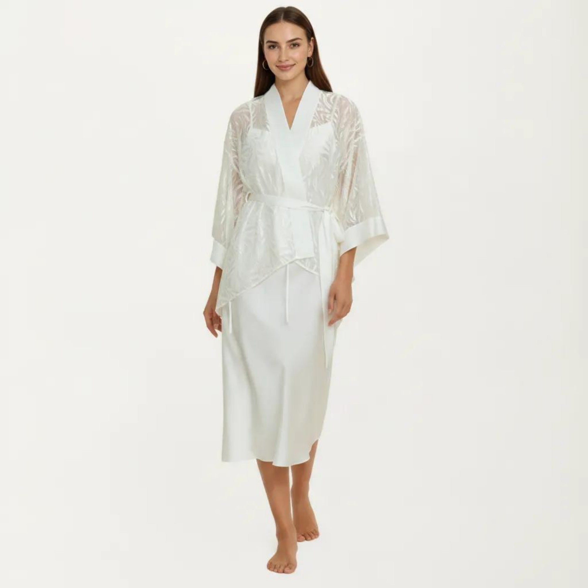 Anna-Kaci Women's 2-Piece Set Smooth Sleepwear Slip Dress with Sheer Lace Robe Lightweight Long Nightgown Set