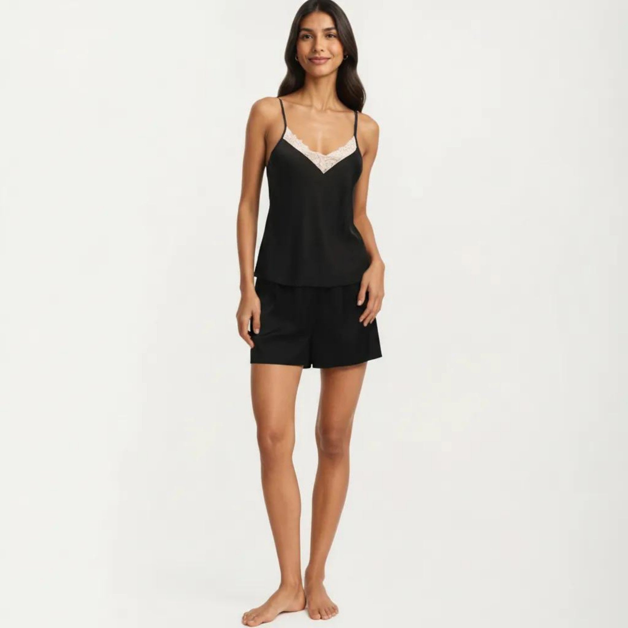 Anna-Kaci Women's 2-Piece Set Smooth Pajama Camisole Top and Shorts with Lace Trim Adjustable Straps