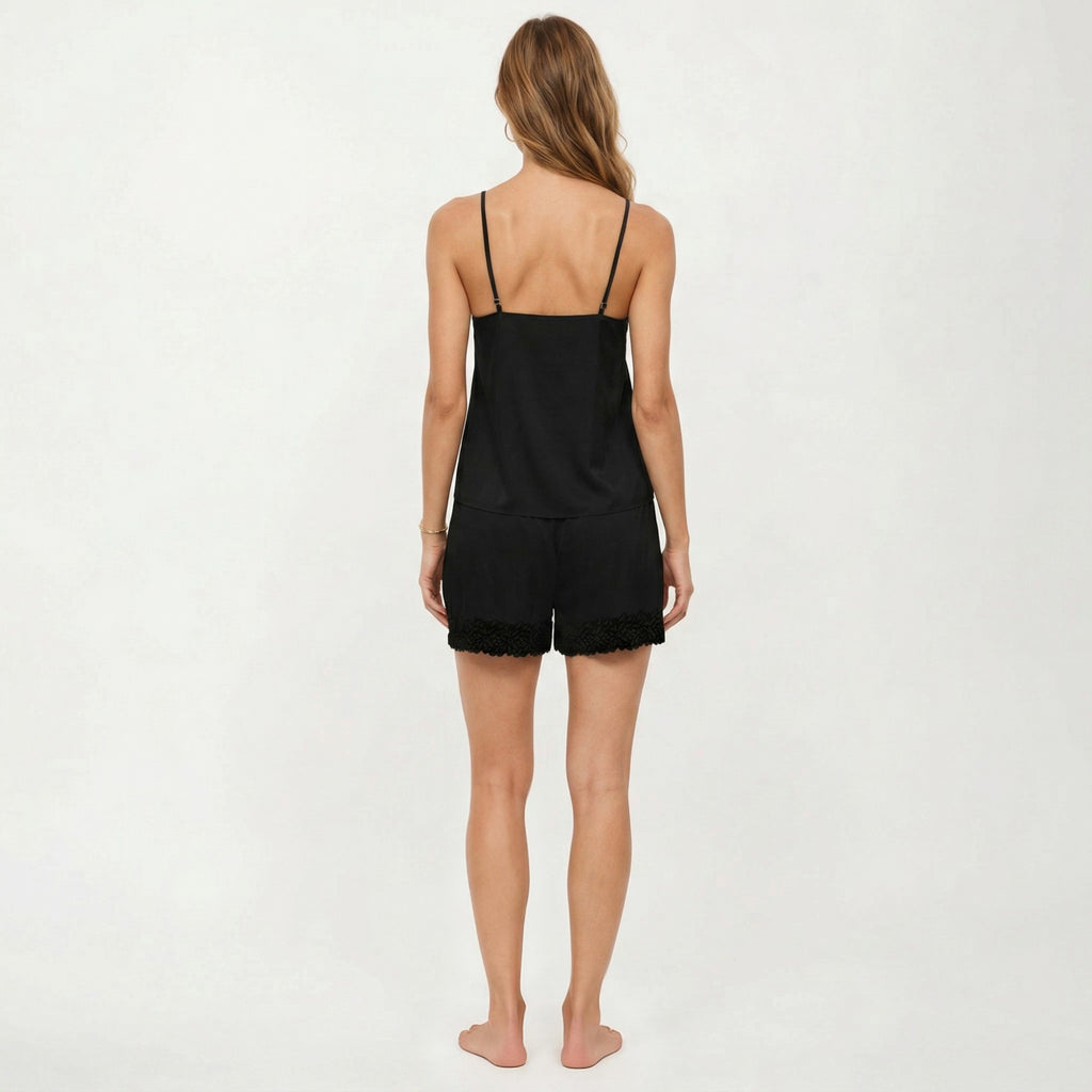 Anna-Kaci Women's 2-Piece Set Smooth Pajama Camisole Top and Shorts with Lace Trim Button Front