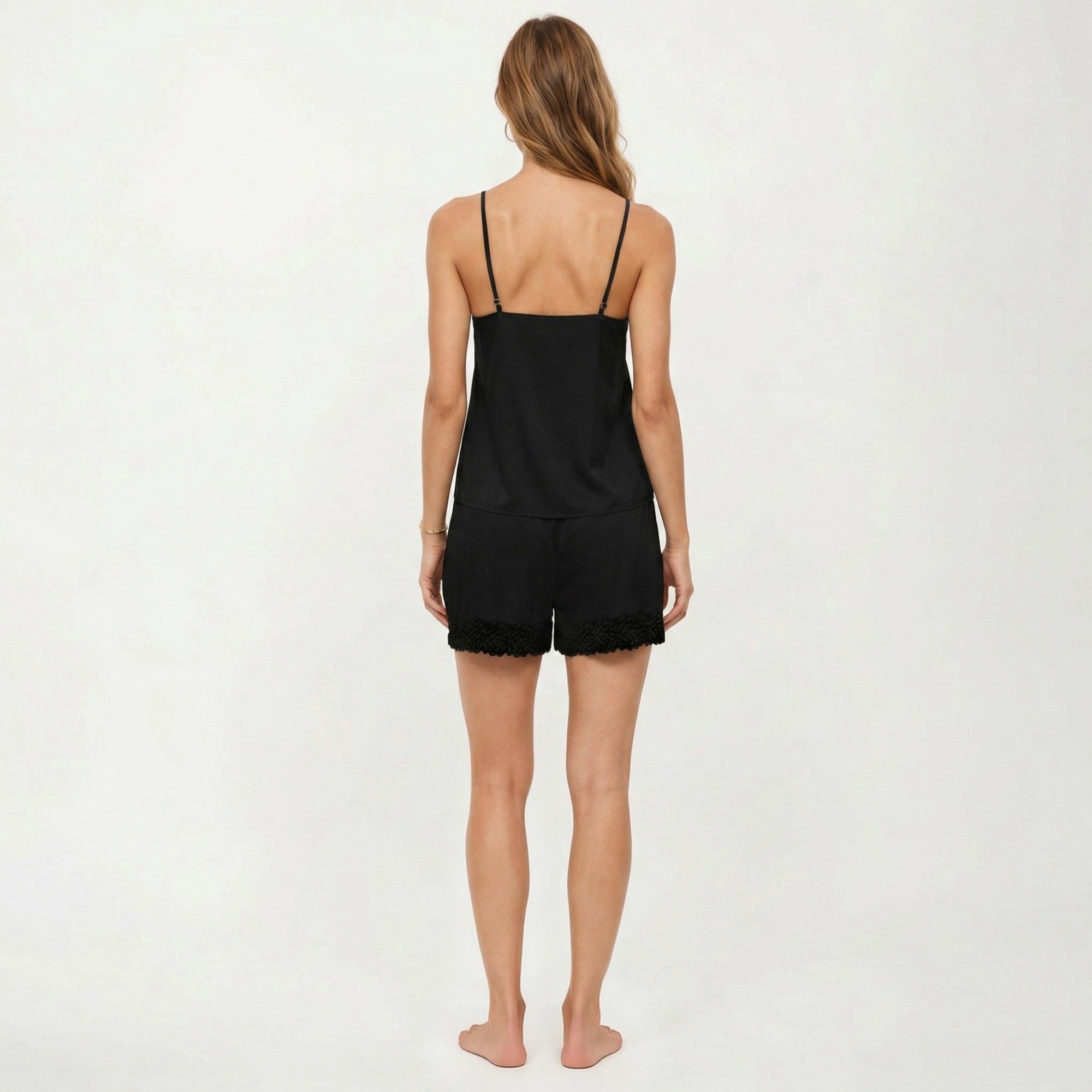 Anna-Kaci Women's 2-Piece Set Smooth Pajama Camisole Top and Shorts with Lace Trim Button Front