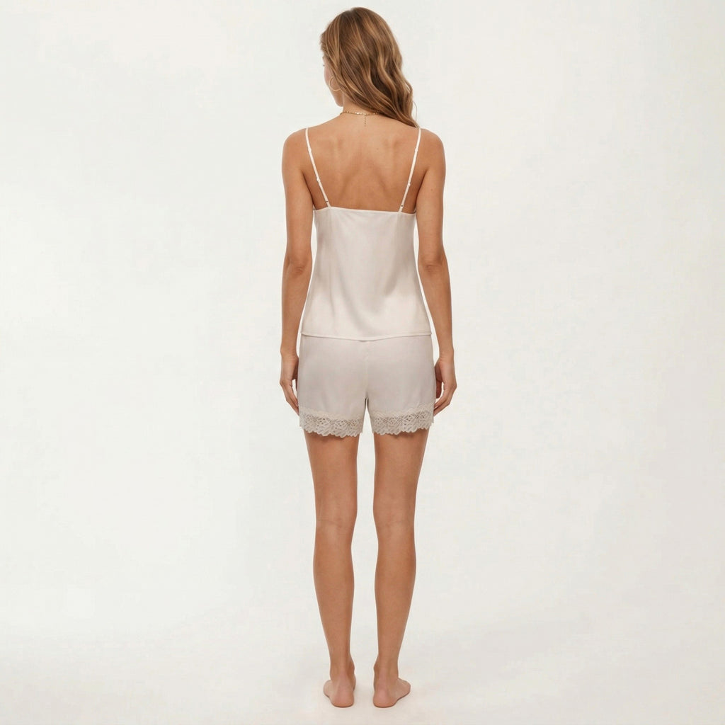 Anna-Kaci Women's 2-Piece Set Smooth Pajama Camisole Top and Shorts with Lace Trim Button Front