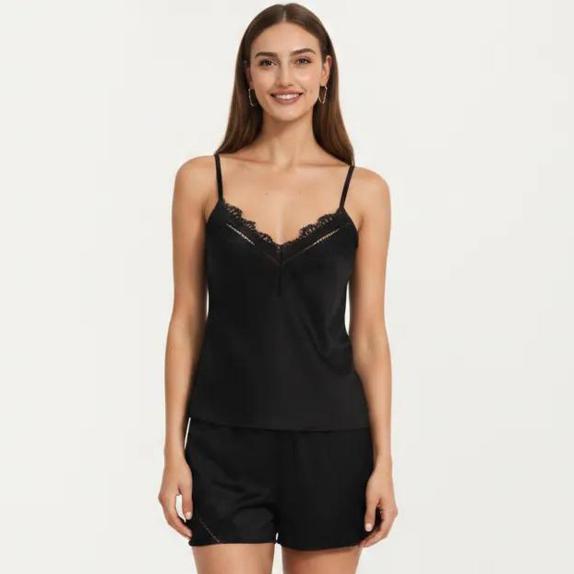 Anna-Kaci Women's 2-Piece Set Satin Pajama Camisole Top and Shorts with Contrast Lace Trim Adjustable Straps