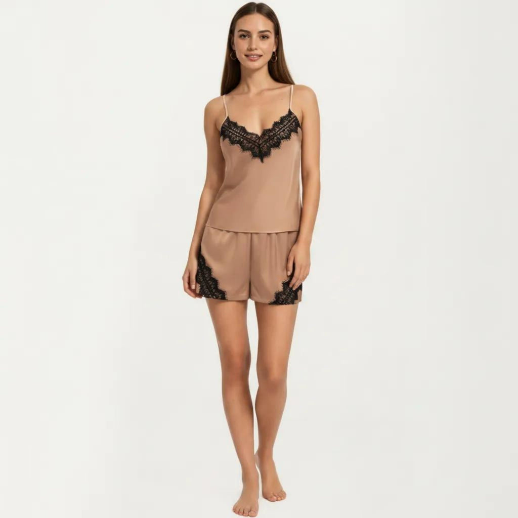 Anna-Kaci Women's 2-Piece Set Satin Pajama Camisole Top and Shorts with Contrast Lace Trim Adjustable Straps