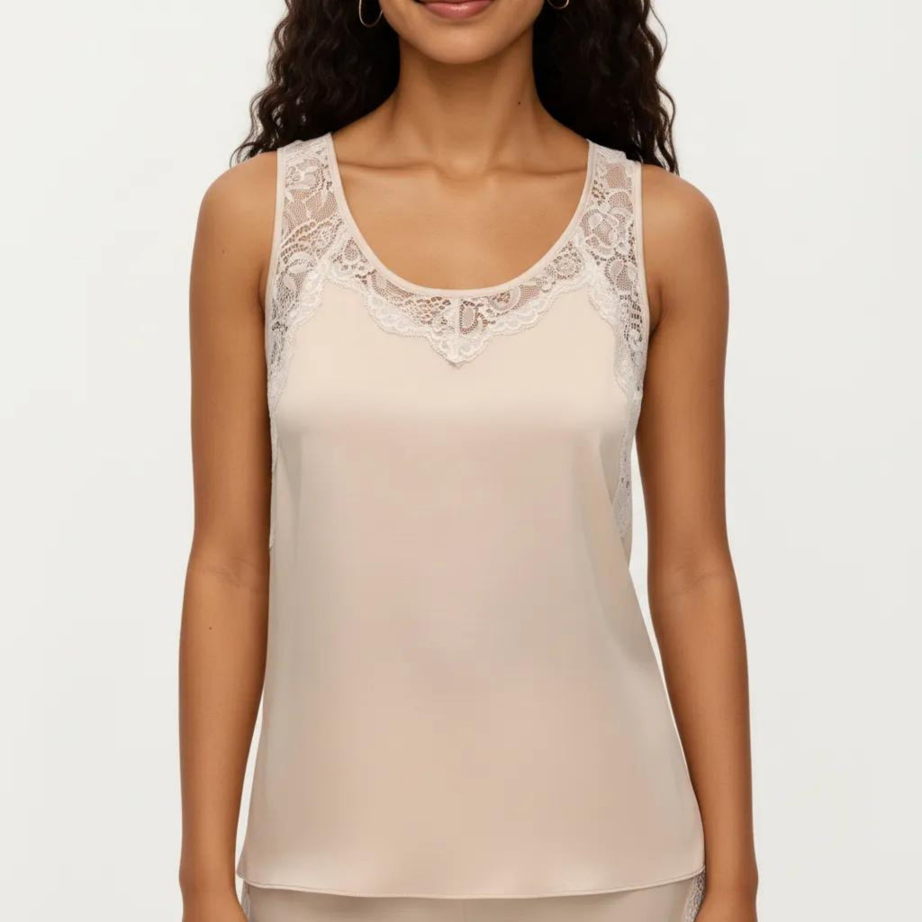 Anna-Kaci Women's 2-Piece Set Satin Pajama Tank Top and Shorts with Lace Trim Sleeveless Relaxed Fit Sleepwear