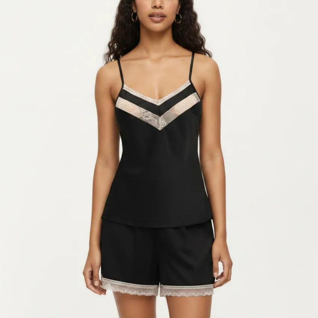 Anna-Kaci Women's 2-Piece Set Satin Pajama Camisole Top and Shorts with Contrast Lace Trim Adjustable Straps
