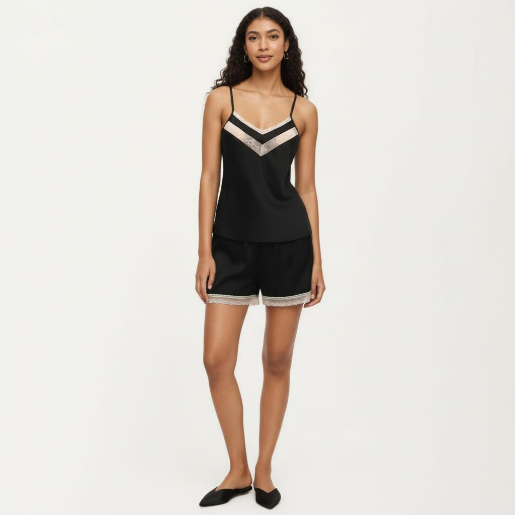 Anna-Kaci Women's 2-Piece Set Satin Pajama Camisole Top and Shorts with Contrast Lace Trim Adjustable Straps