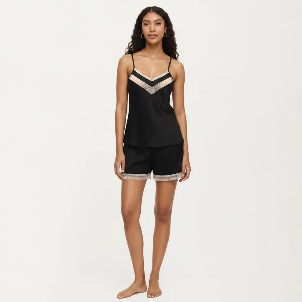 Anna-Kaci Women's 2-Piece Set Satin Pajama Camisole Top and Shorts with Contrast Lace Trim Adjustable Straps