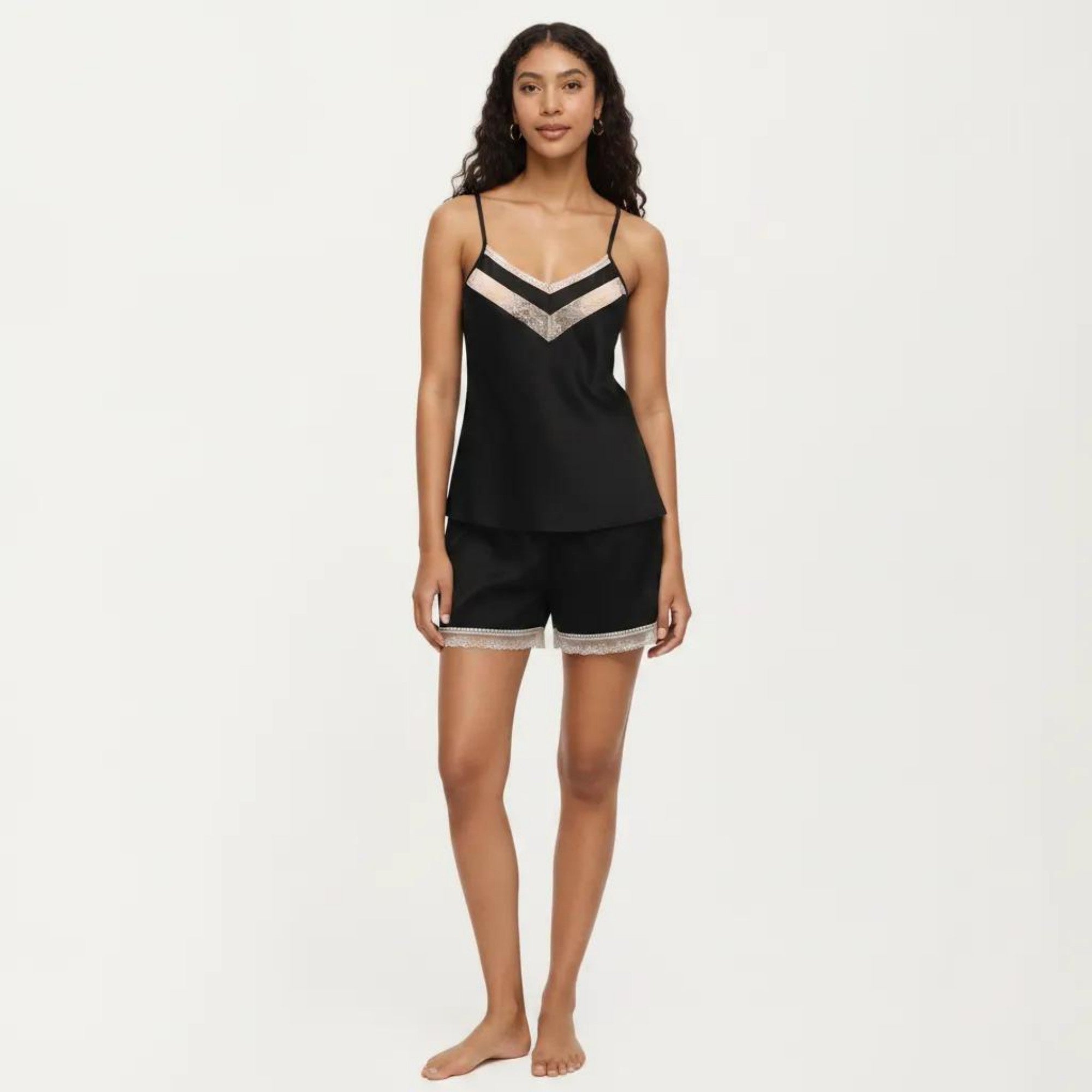 Anna-Kaci Women's 2-Piece Set Satin Pajama Camisole Top and Shorts with Contrast Lace Trim Adjustable Straps