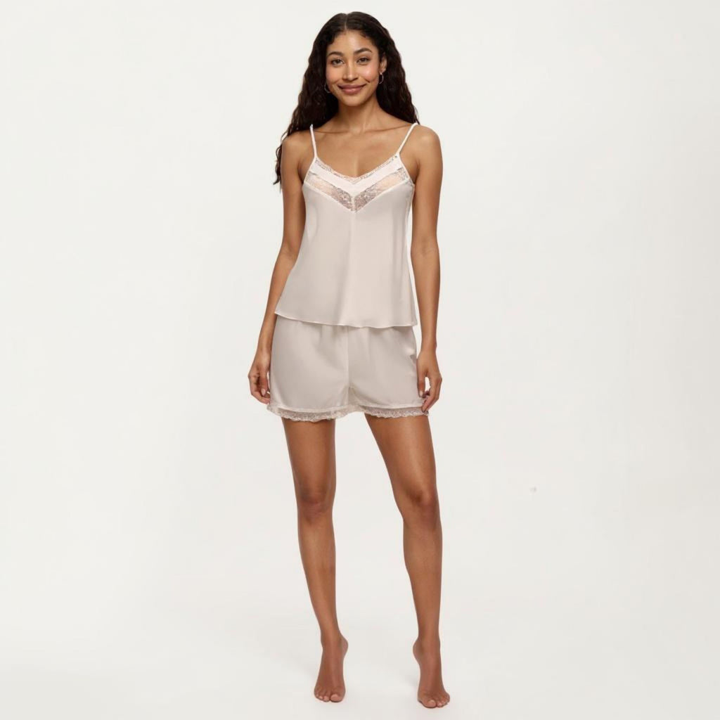 Anna-Kaci Women's 2-Piece Set Satin Pajama Camisole Top and Shorts with Contrast Lace Trim Adjustable Straps