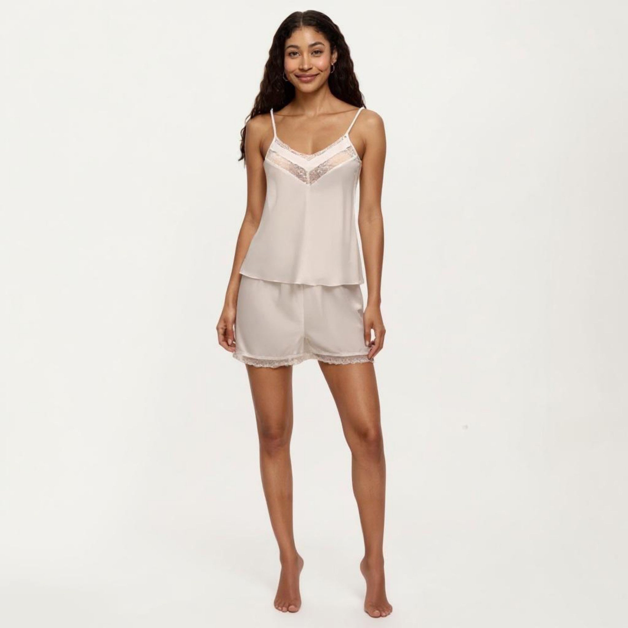 Anna-Kaci Women's 2-Piece Set Satin Pajama Camisole Top and Shorts with Contrast Lace Trim Adjustable Straps