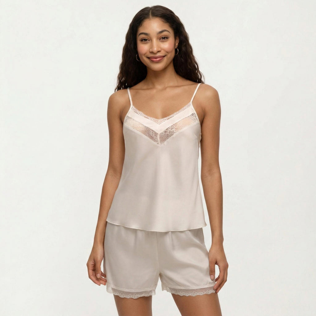 Anna-Kaci Women's 2-Piece Set Satin Pajama Camisole Top and Shorts with Contrast Lace Trim Adjustable Straps