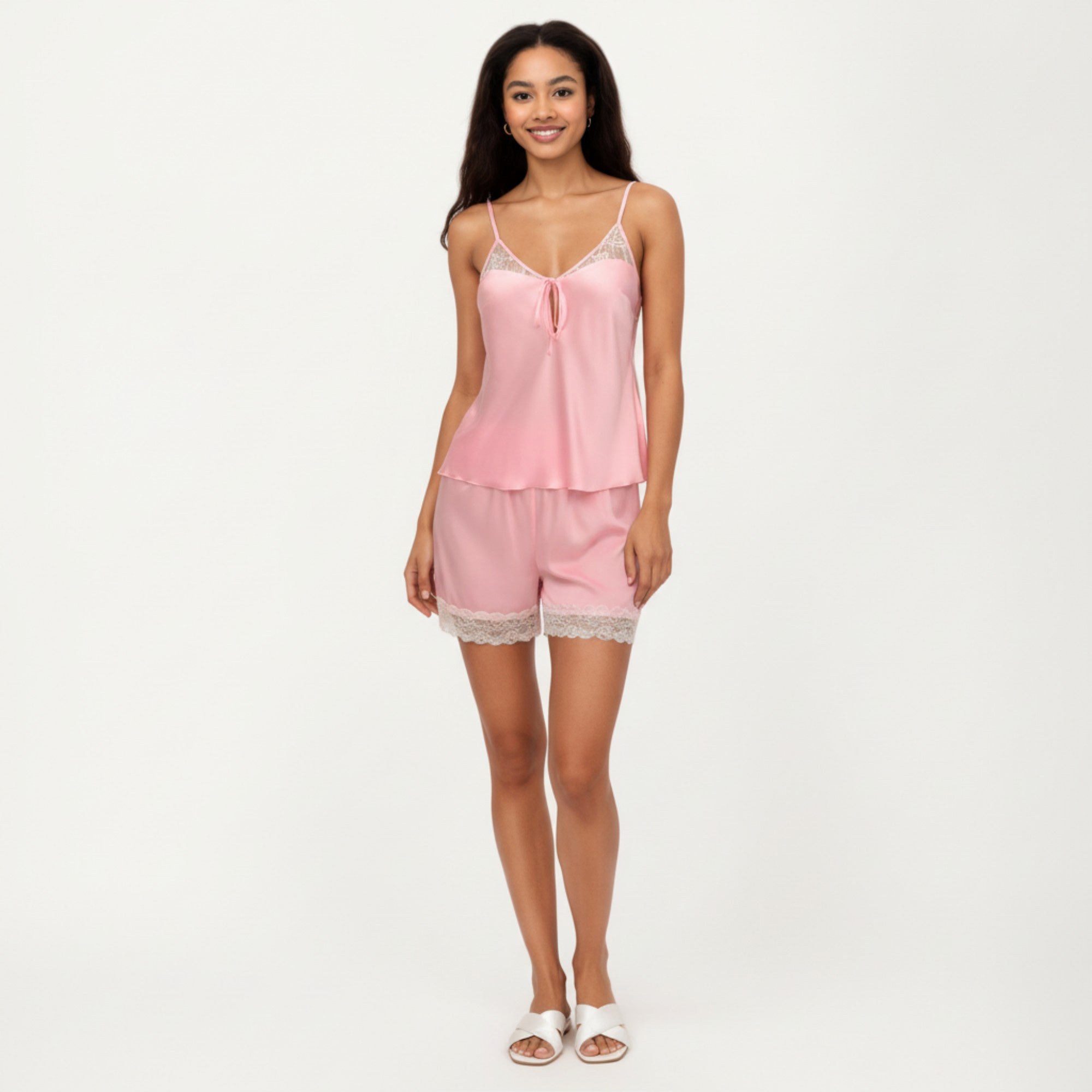 Anna-Kaci Women's 2-Piece Set Satin Pajama Camisole Top and Shorts with Lace Trim Adjustable Straps Sleepwear