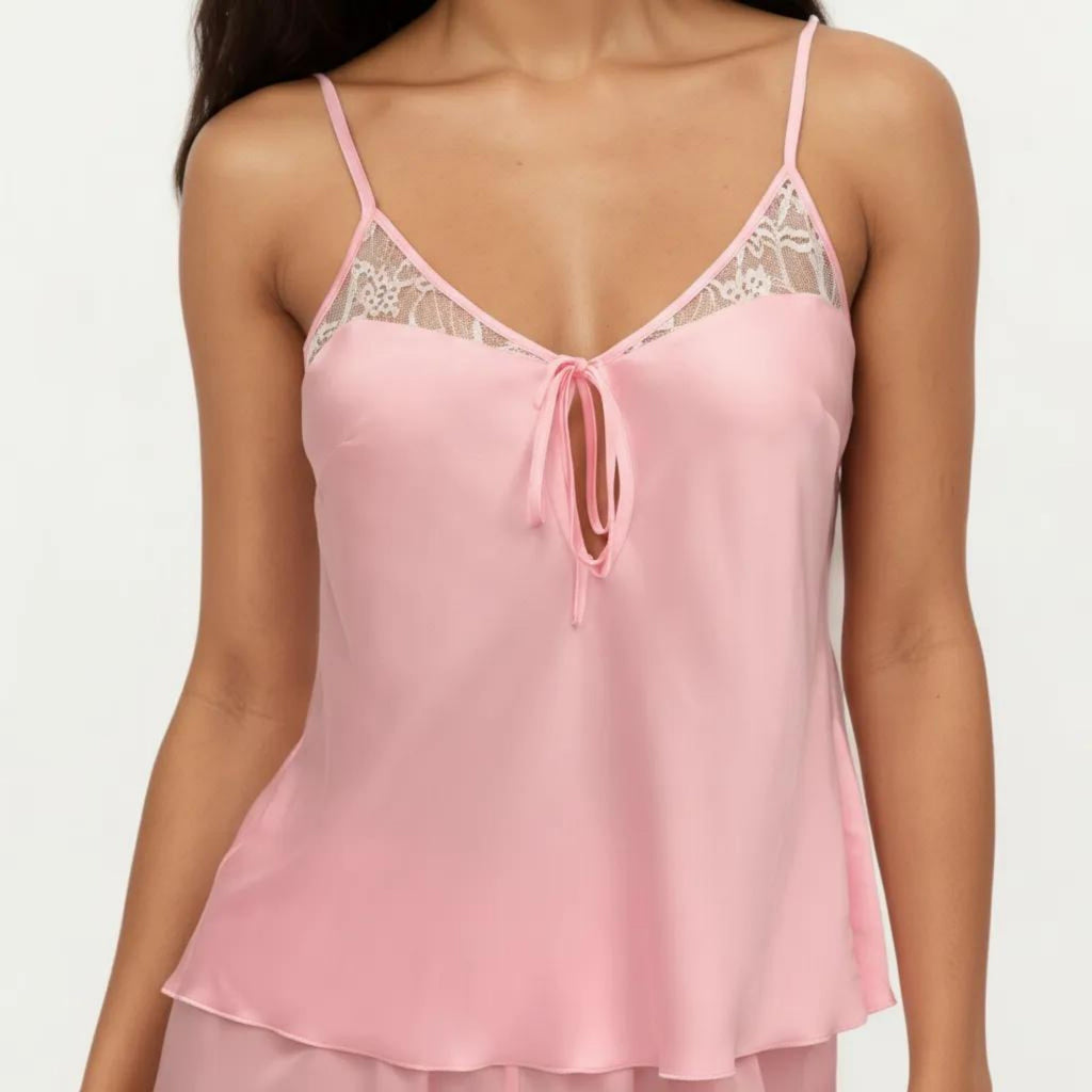 Anna-Kaci Women's 2-Piece Set Satin Pajama Camisole Top and Shorts with Lace Trim Adjustable Straps Sleepwear