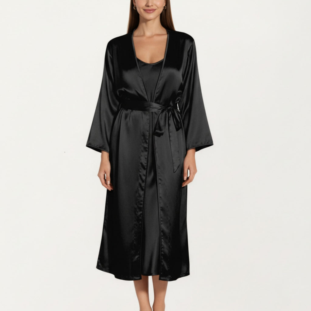Anna-Kaci Women's 2-Piece Set Satin Sleepwear Slip Dress with Matching Long Sleeve Robe Silky Pajama Set