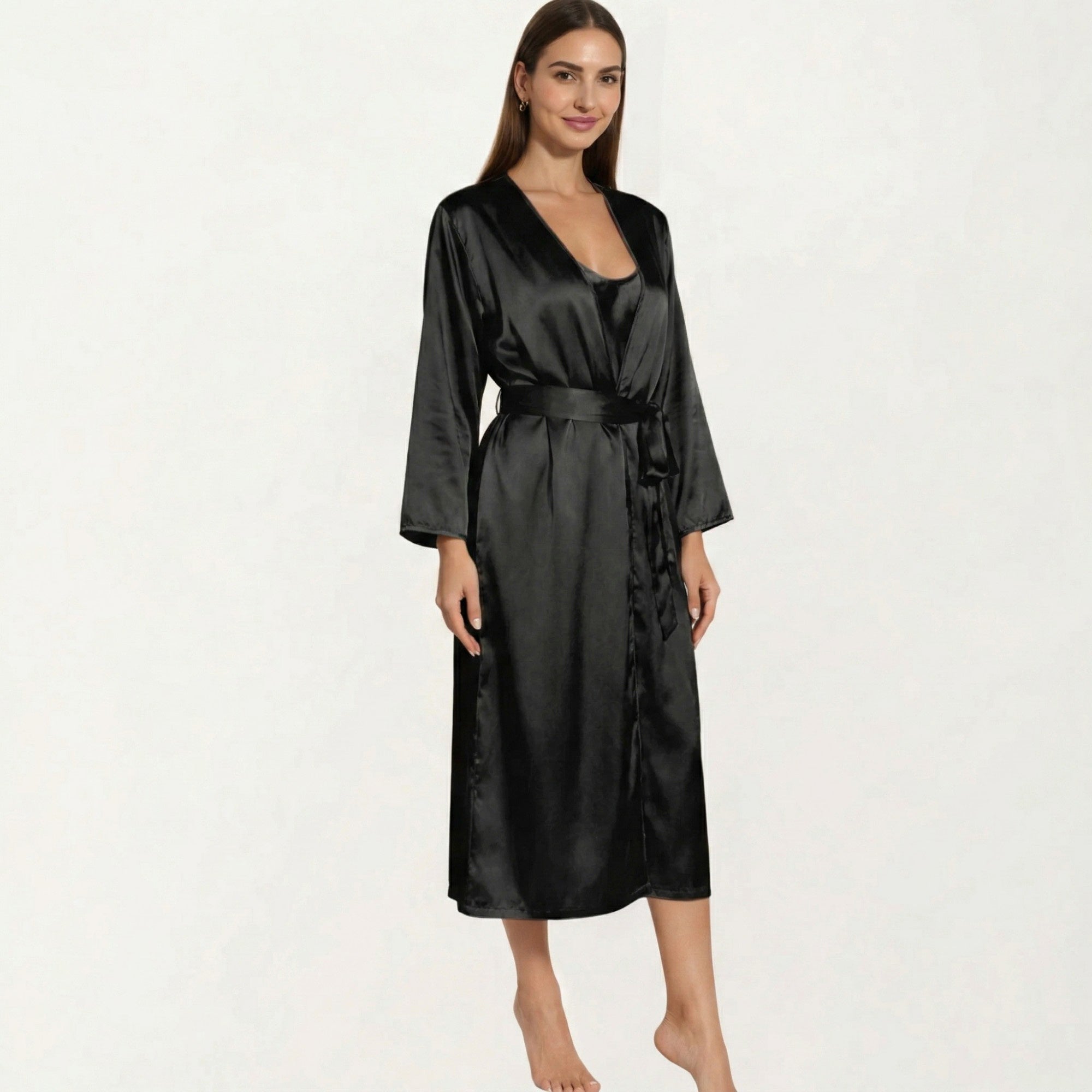 Anna-Kaci Women's 2-Piece Set Satin Sleepwear Slip Dress with Matching Long Sleeve Robe Silky Pajama Set