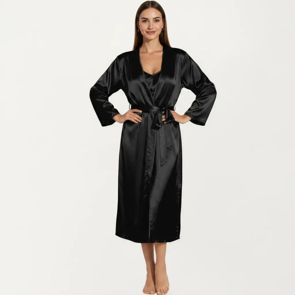 Anna-Kaci Women's 2-Piece Set Satin Sleepwear Slip Dress with Matching Long Sleeve Robe Silky Pajama Set