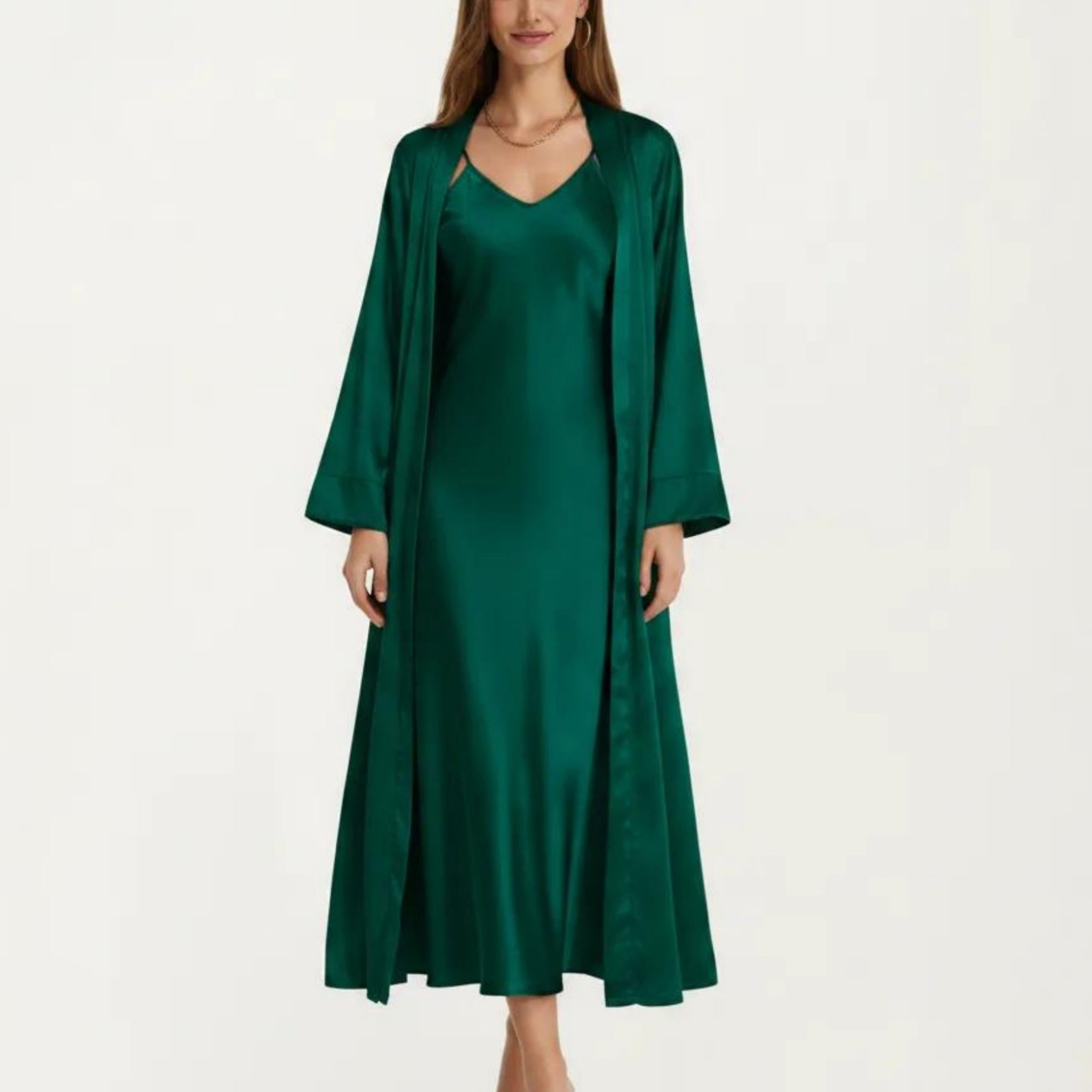 Anna-Kaci Women's 2-Piece Set Satin Sleepwear Slip Dress with Matching Long Sleeve Robe Silky Pajama Set