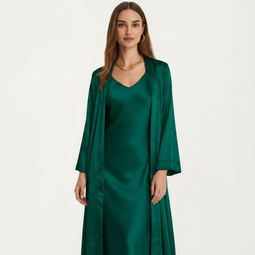 Anna-Kaci Women's 2-Piece Set Satin Sleepwear Slip Dress with Matching Long Sleeve Robe Silky Pajama Set