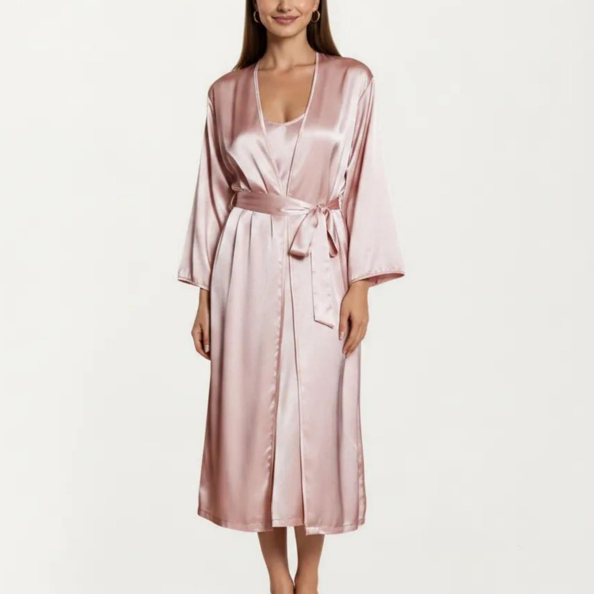 Anna-Kaci Women's 2-Piece Set Satin Sleepwear Slip Dress with Matching Long Sleeve Robe Silky Pajama Set