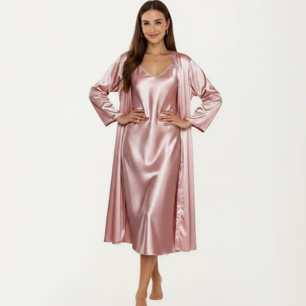 Anna-Kaci Women's 2-Piece Set Satin Sleepwear Slip Dress with Matching Long Sleeve Robe Silky Pajama Set