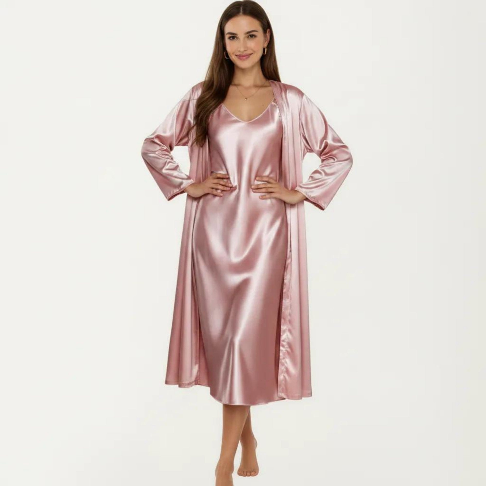 Anna-Kaci Women's 2-Piece Set Satin Sleepwear Slip Dress with Matching Long Sleeve Robe Silky Pajama Set