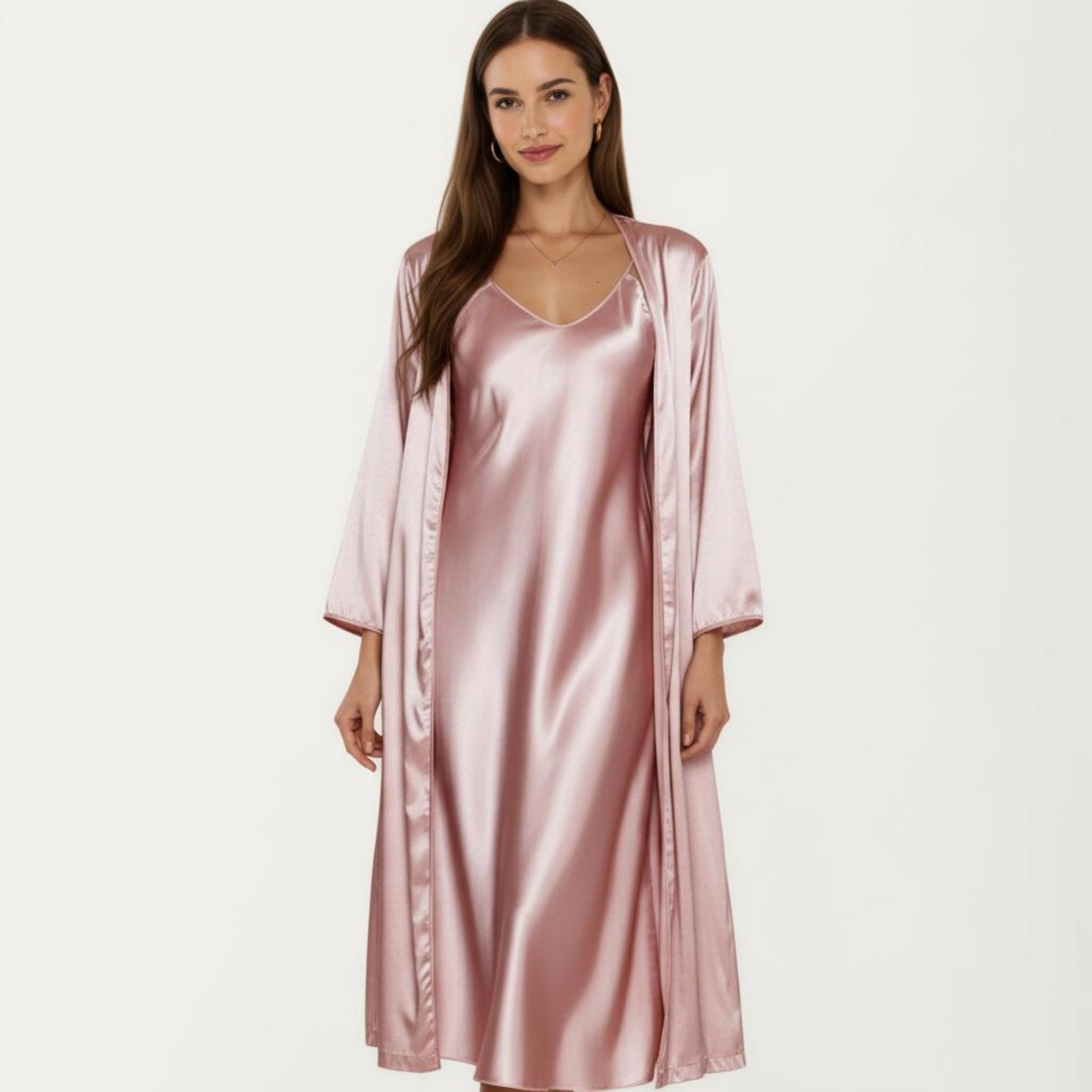 Anna-Kaci Women's 2-Piece Set Satin Sleepwear Slip Dress with Matching Long Sleeve Robe Silky Pajama Set
