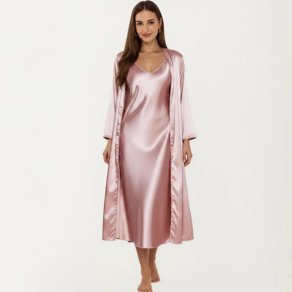 Anna-Kaci Women's 2-Piece Set Satin Sleepwear Slip Dress with Matching Long Sleeve Robe Silky Pajama Set