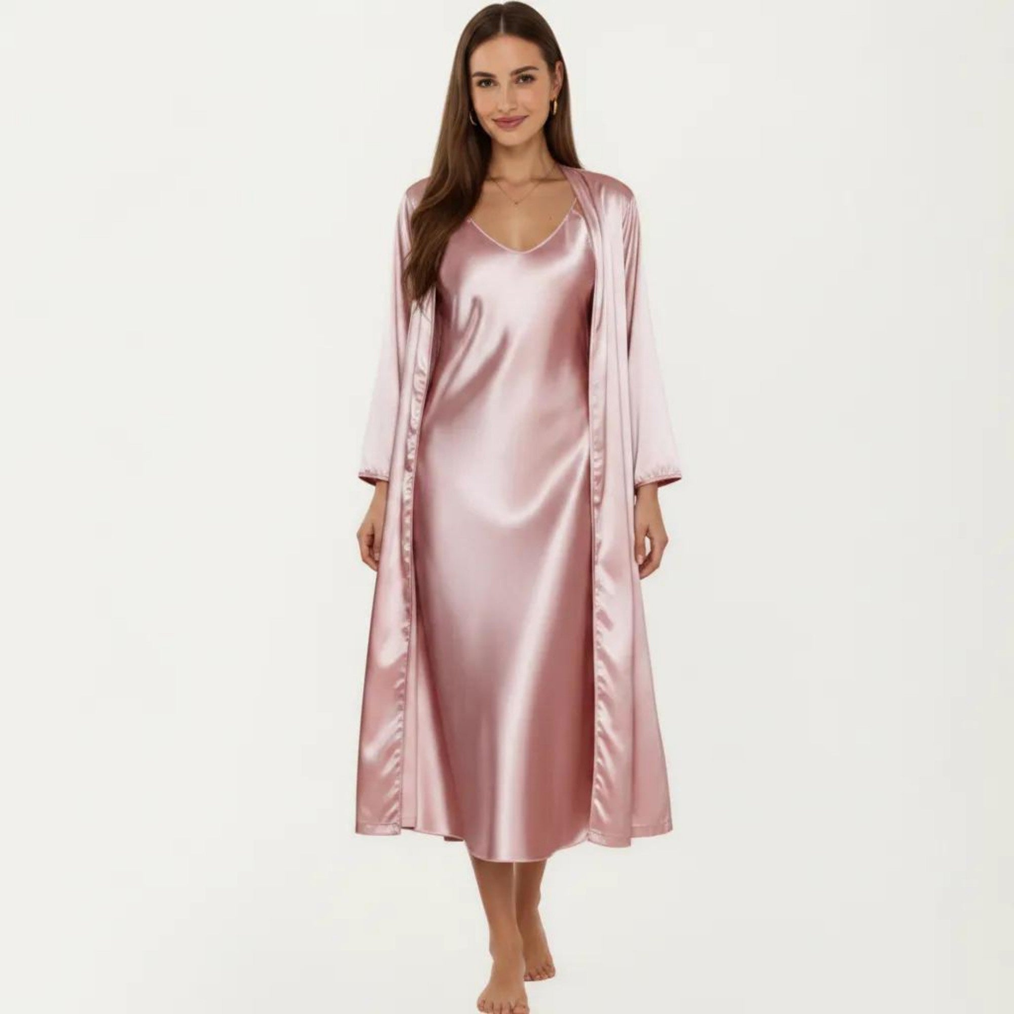 Anna-Kaci Women's 2-Piece Set Satin Sleepwear Slip Dress with Matching Long Sleeve Robe Silky Pajama Set
