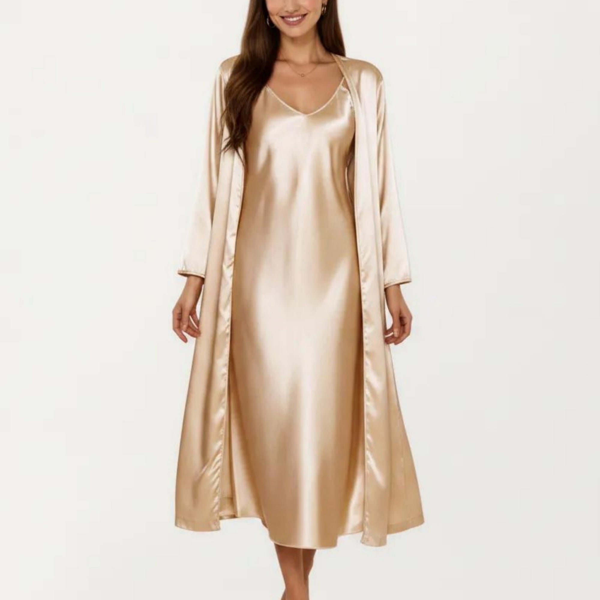 Anna-Kaci Women's 2-Piece Set Satin Sleepwear Slip Dress with Matching Long Sleeve Robe Silky Pajama Set