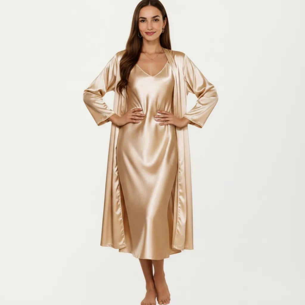 Anna-Kaci Women's 2-Piece Set Satin Sleepwear Slip Dress with Matching Long Sleeve Robe Silky Pajama Set