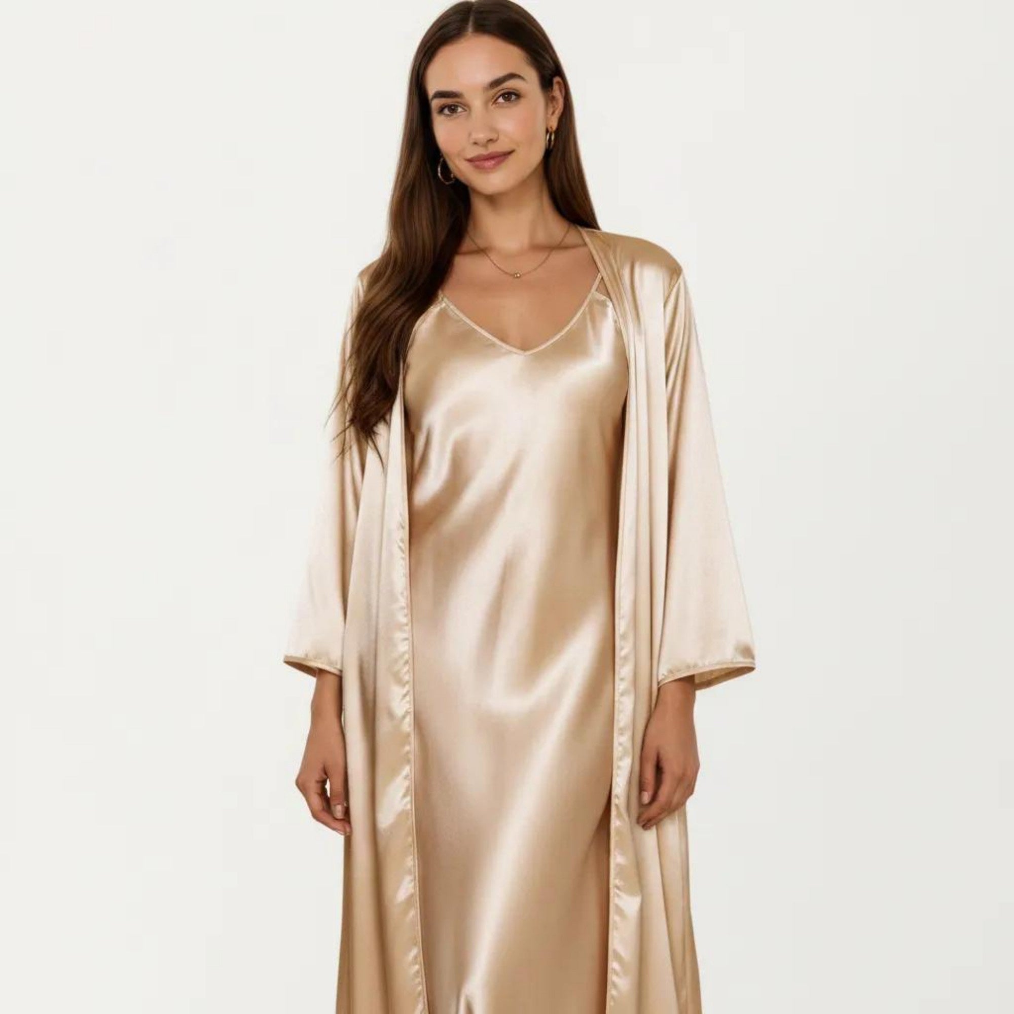 Anna-Kaci Women's 2-Piece Set Satin Sleepwear Slip Dress with Matching Long Sleeve Robe Silky Pajama Set