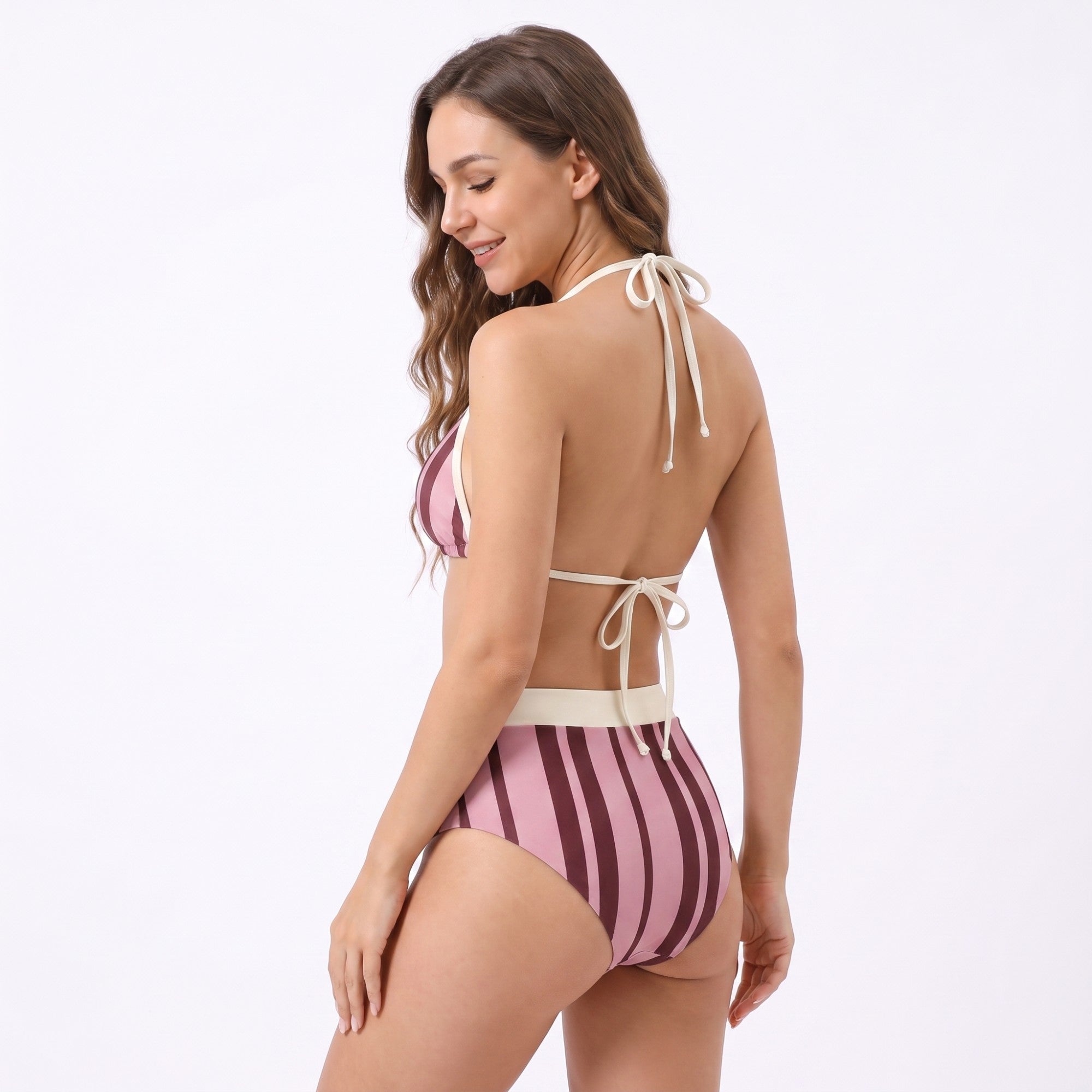 Anna-Kaci Swim Women's 2 Piece Bikini Set with Stripe Print Triangle Top and Boyshort Bottoms