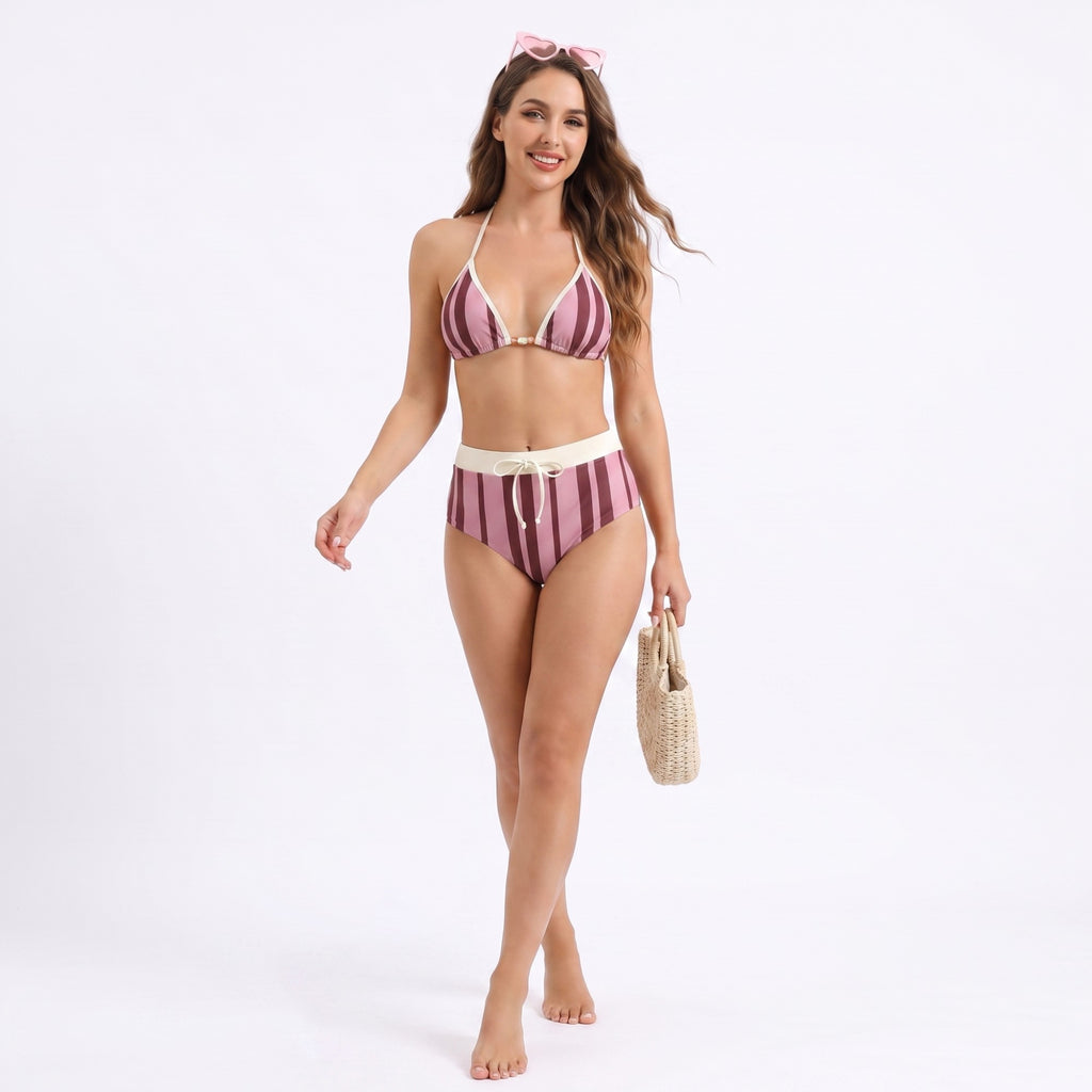 Anna-Kaci Swim Women's 2 Piece Bikini Set with Stripe Print Triangle Top and Boyshort Bottoms